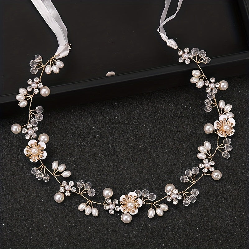 Silvery Flower Leaf Headband Faux Pearl Head Piece Bridal Wedding Hair Accessori