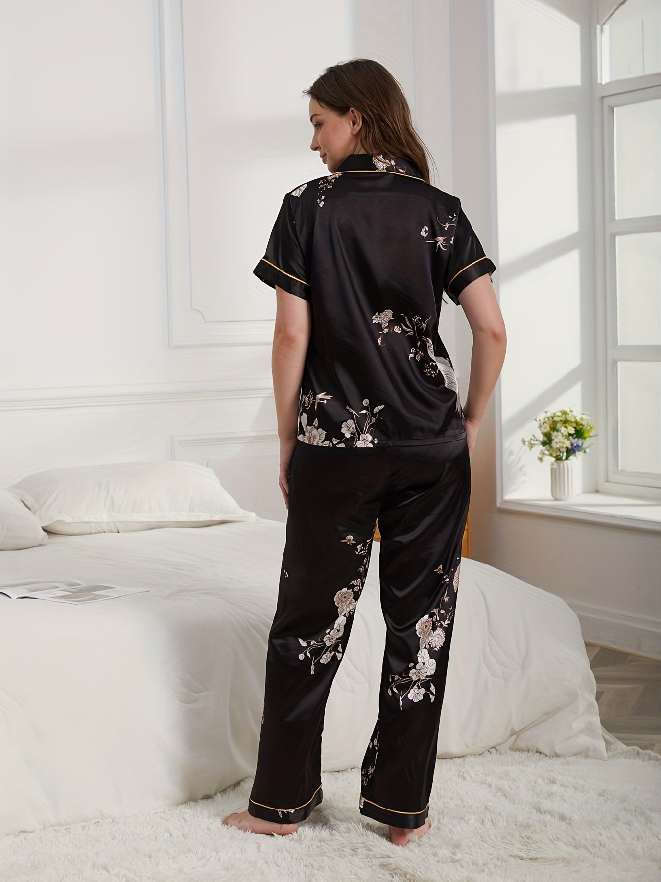 Floral Satin Pajama Set Short Sleeve Top & Pants