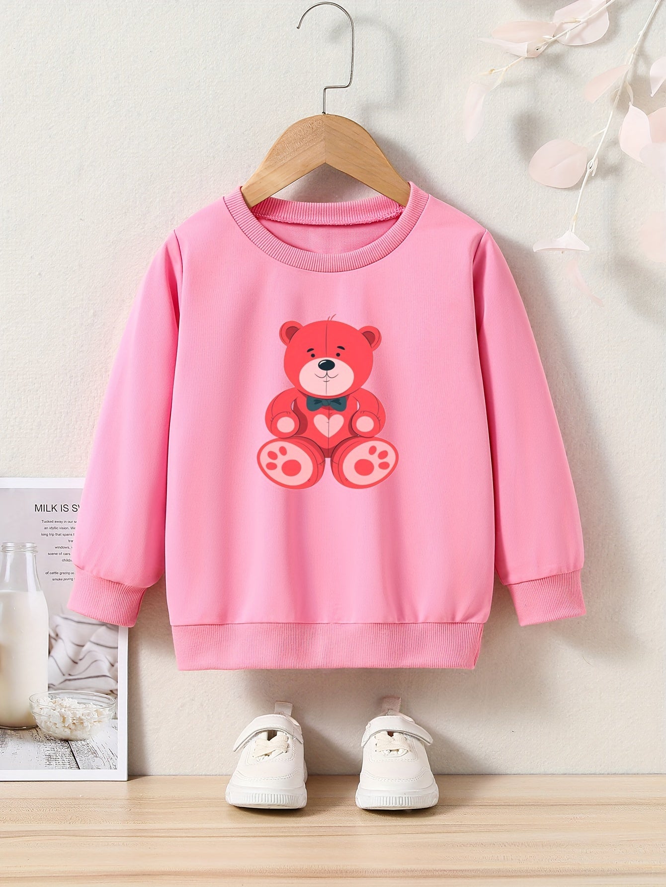 Bear Print Girls Casual Pullover Sweatshirt Long Sleeve Crew Neck Tops