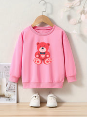 Bear Print Girls Casual Pullover Sweatshirt Long Sleeve Crew Neck Tops