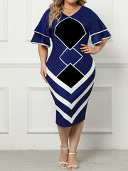 Colorblock Geometric Midi Dress V Neck Slim Fit
