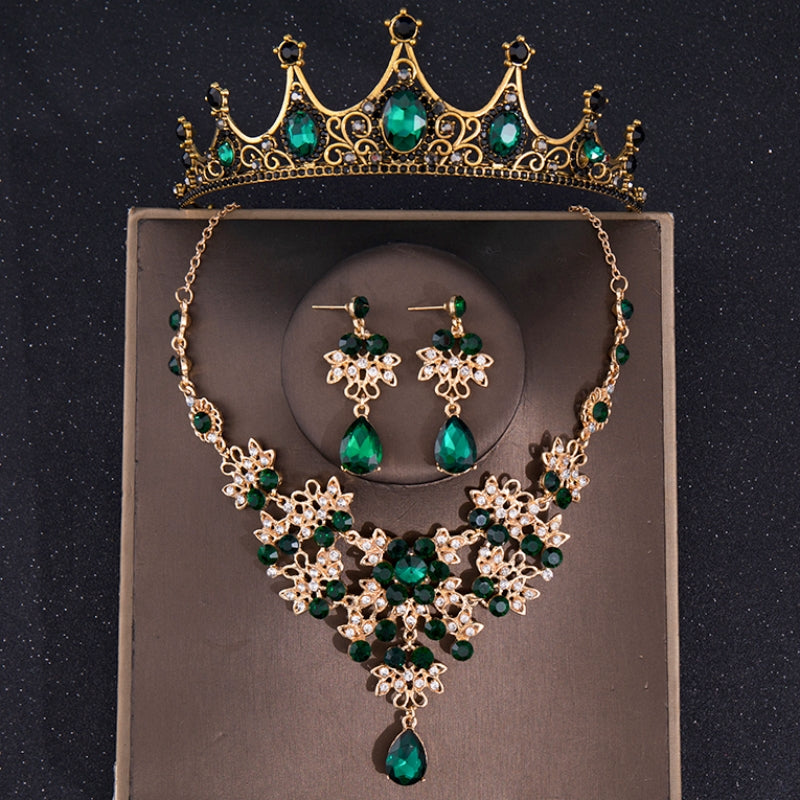 Vintage Green Crystal Bridal Jewelry Set Tiara Earrings Necklace Dubai