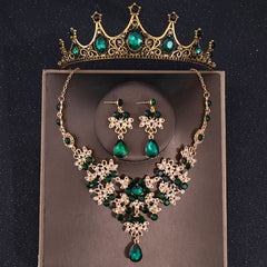 Vintage Green Crystal Bridal Jewelry Set Tiara Earrings Necklace Dubai