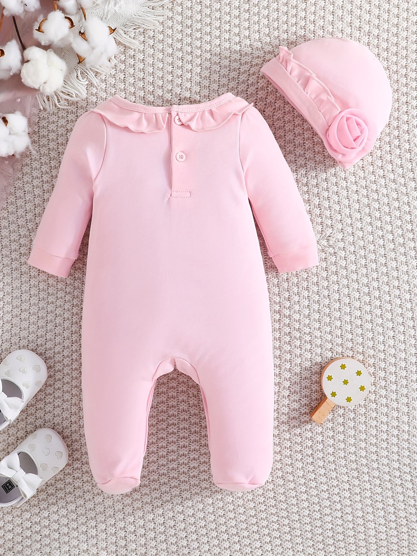Baby Girl's Romper Ruffle Crew Neck Jumpsuit & Hat Set