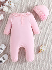 Baby Girl's Romper Ruffle Crew Neck Jumpsuit & Hat Set
