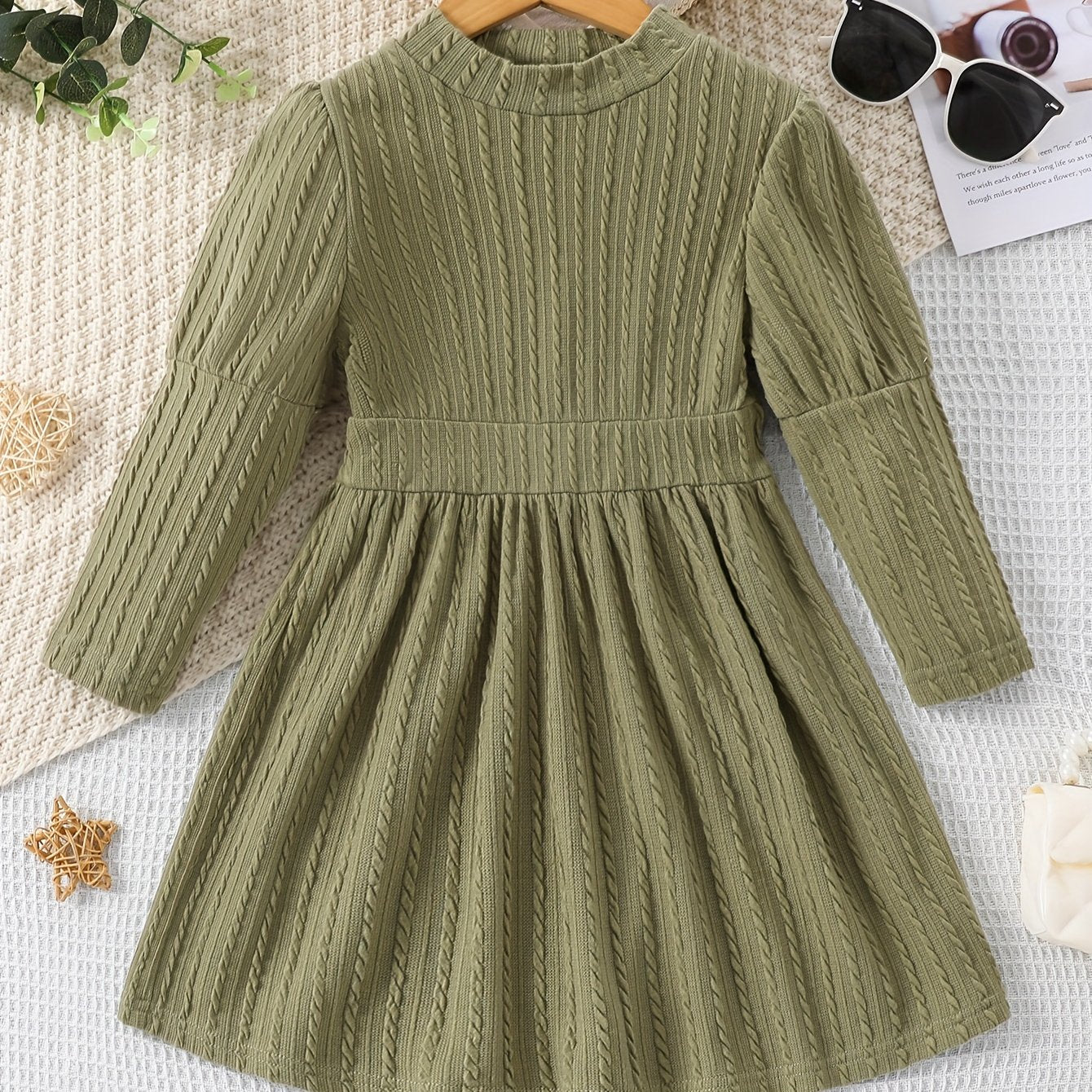 Girl Cable Textured Long Sleeve Casual Dress