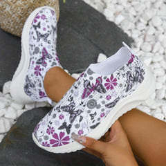 Women's Flower Pattern Slip-On Sneakers, Breathable Knit Low Top Shoes