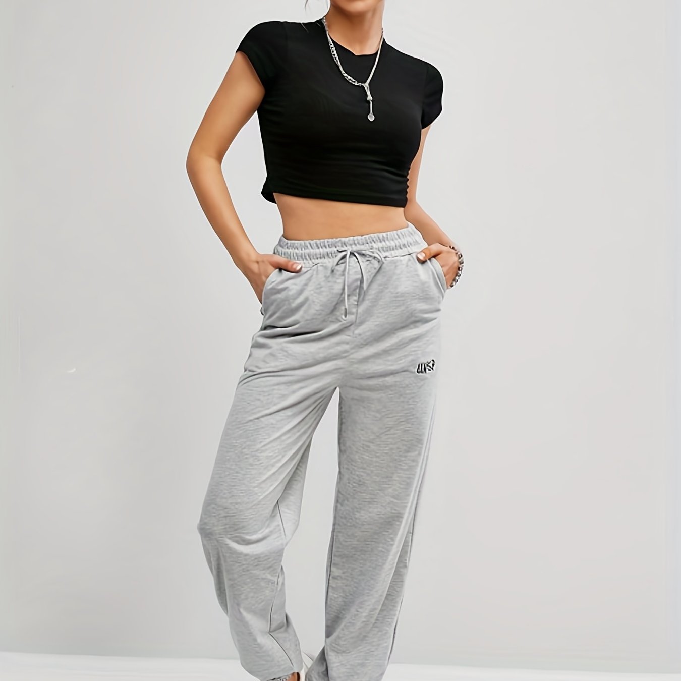 Letter Embroidered Jogger Sweatpants Casual Pocket Drawstring Pants