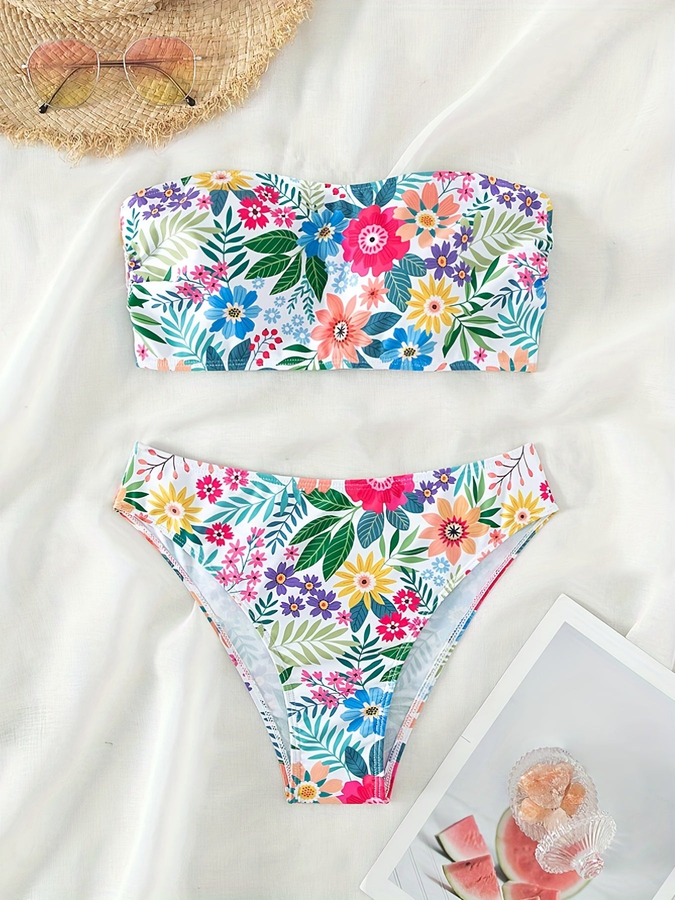 Floral Print Bandeau 2 Piece Set Bikini High Cut Swimsuit