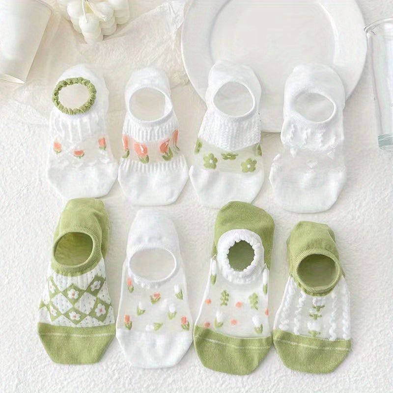 8 Pairs Floral Print & Mesh Ankle Socks Women's Stockings