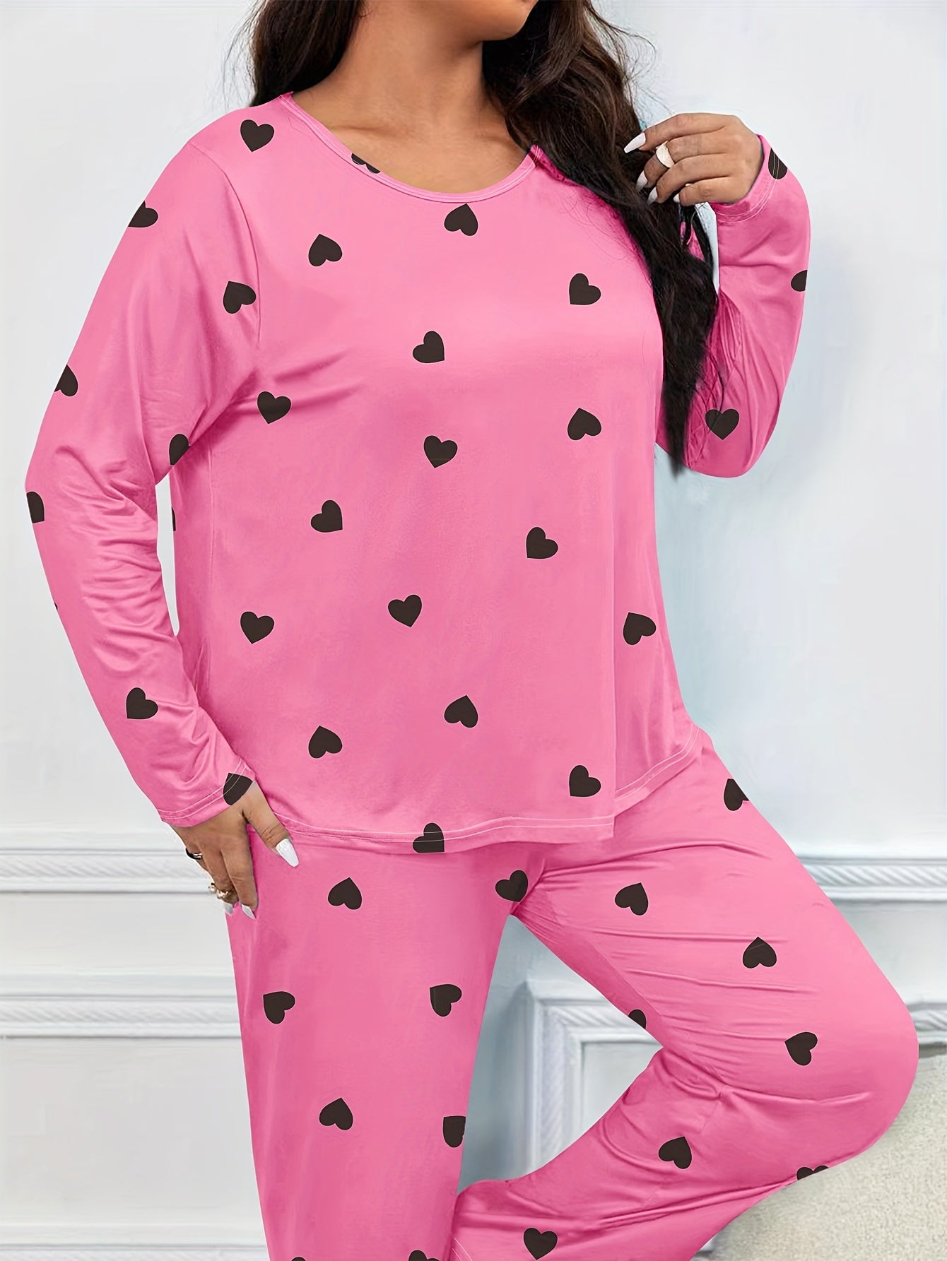 Heart Print Long Sleeve Tee & Pants Lounge 2 Piece Set