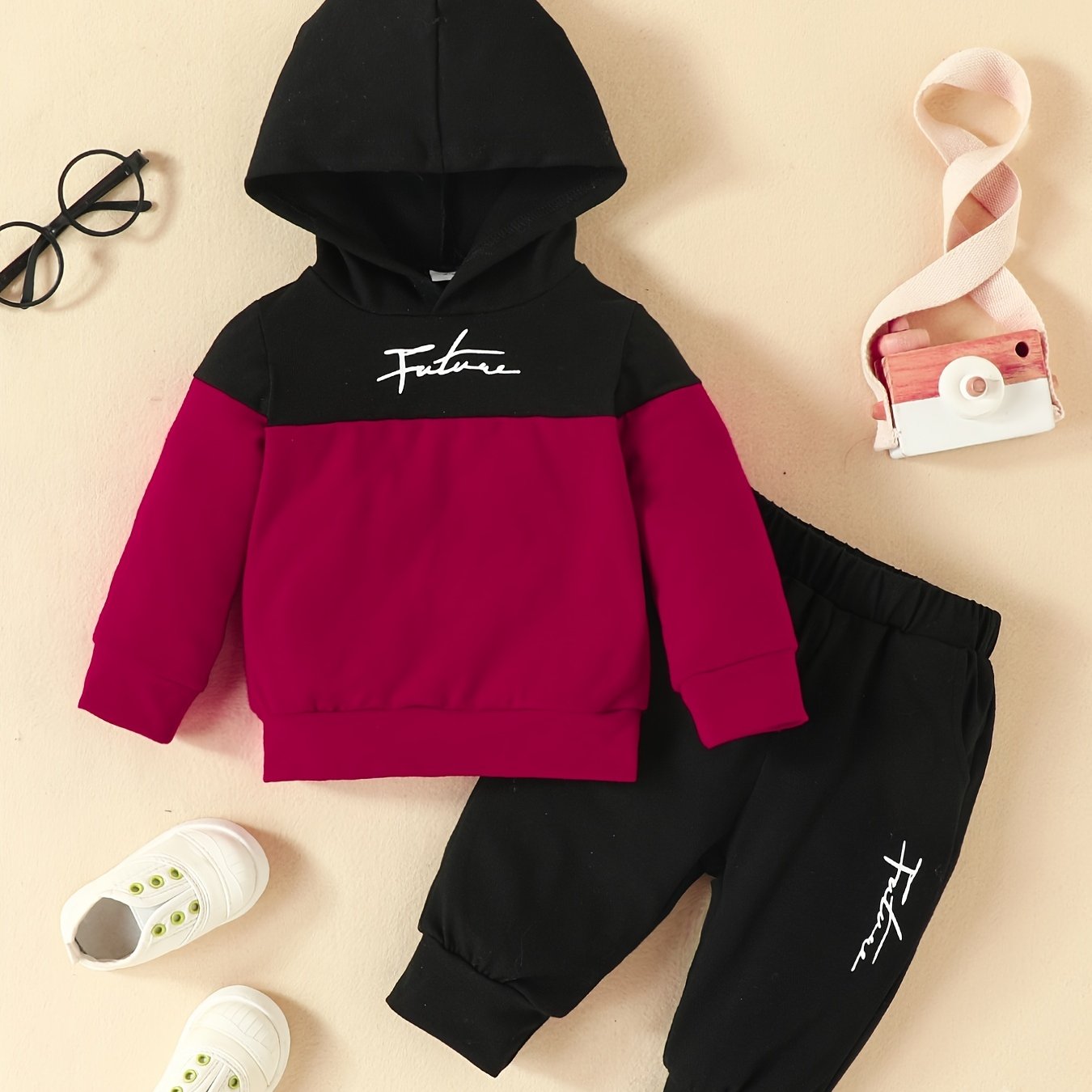 2pcs Infant Block Hoodie Letter Print Sweatshirt & Pant Set