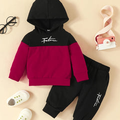 2pcs Infant Block Hoodie Letter Print Sweatshirt & Pant Set