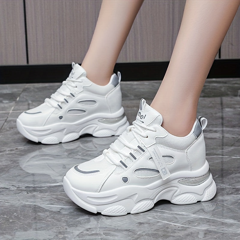 Women's Chunky Sneakers Hidden Heel Breathable Lace-up Comfy Thick Bottom Shoes