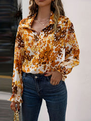 Casual Blouse Lantern Sleeve Turn Down Collar Blouse