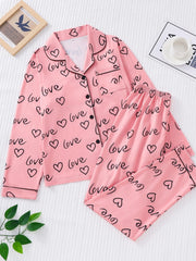 Heart Print Pajama Set Long Sleeve Buttons Top & Pants Women's Sleepwear