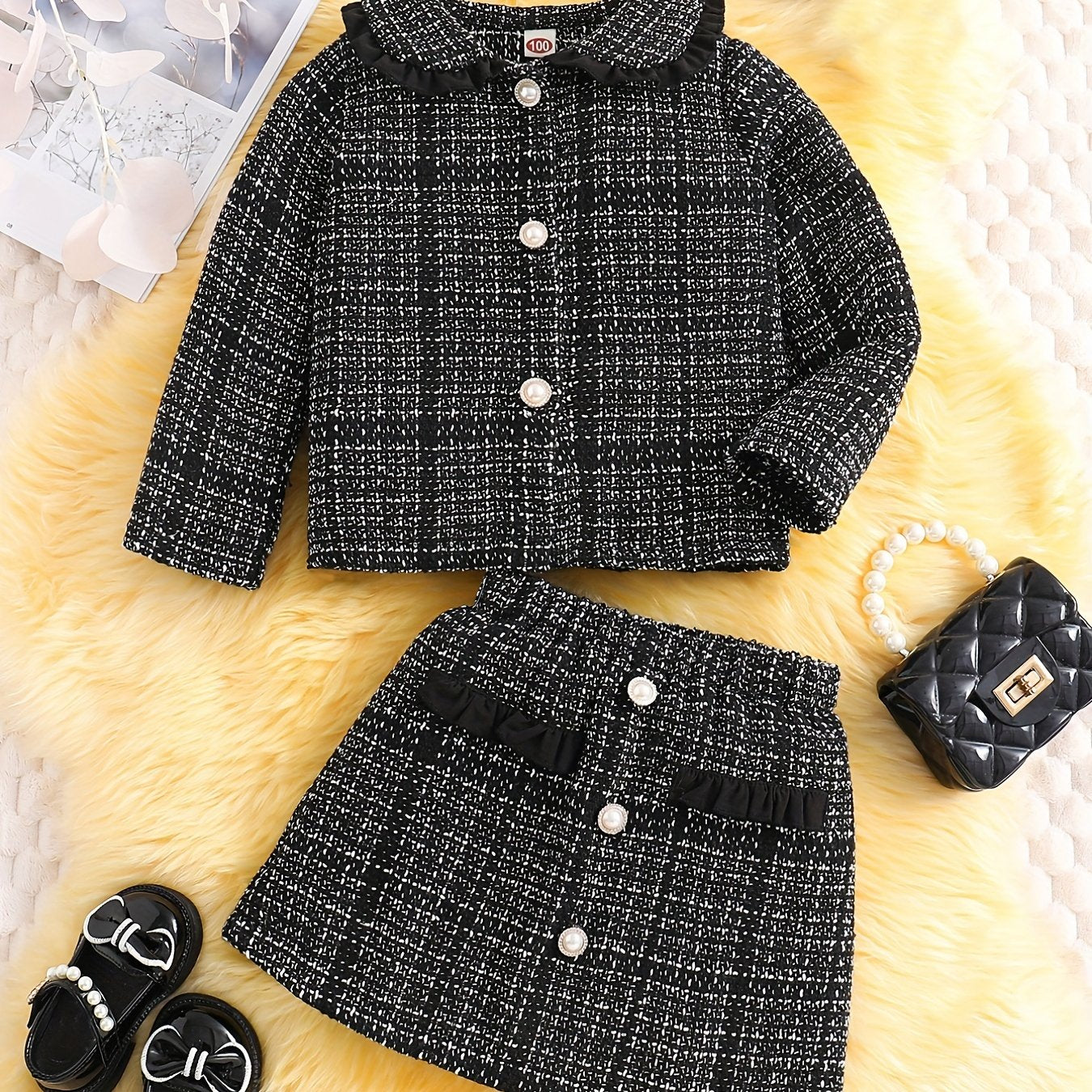 Girl's Tweed Outfit 2pcs Doll Collar Coat & Skirt Set For Spring Autumn
