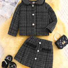 Girl's Tweed Outfit 2pcs Doll Collar Coat & Skirt Set For Spring Autumn