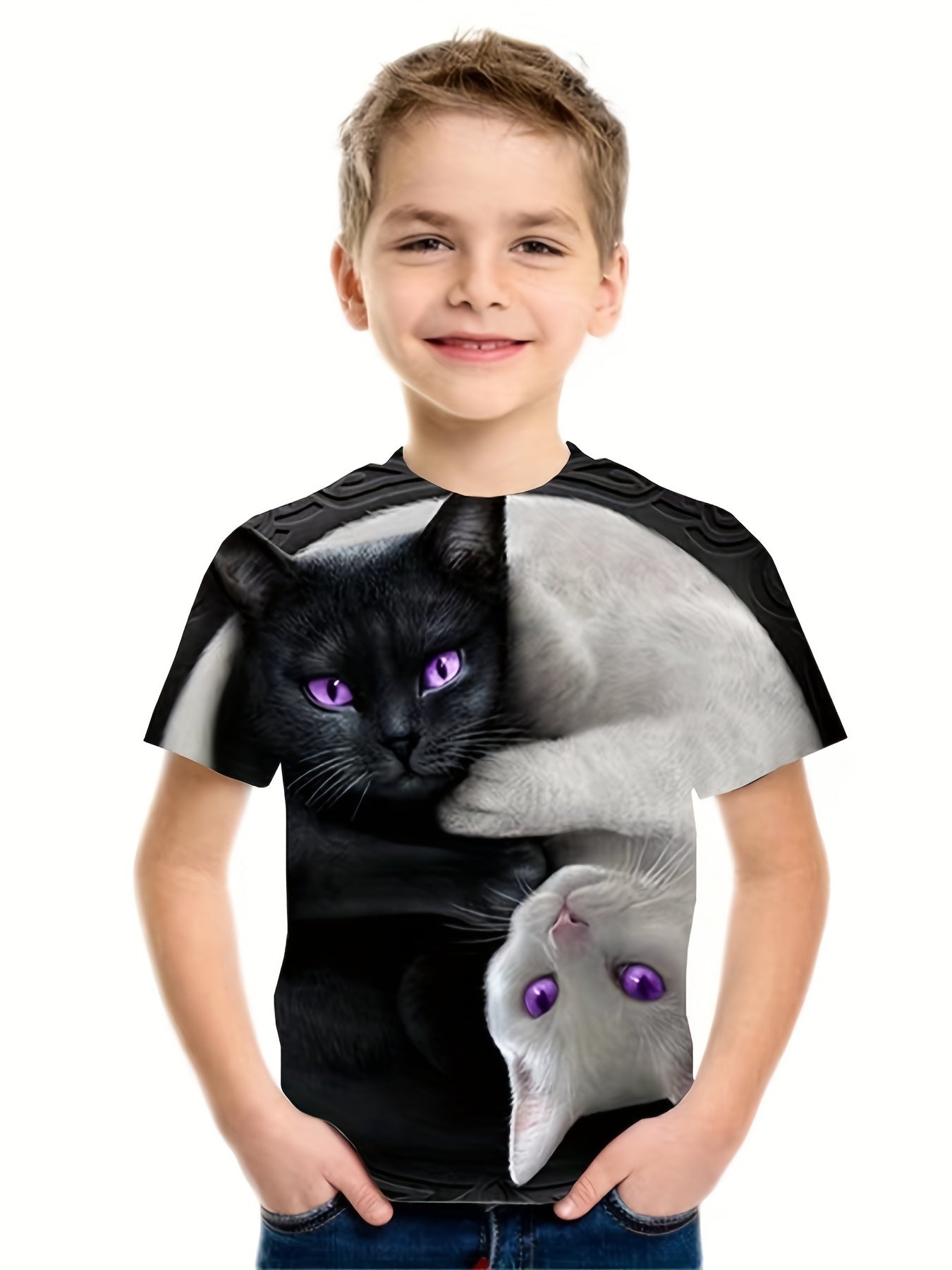 Kids & Cat Pattern T-Shirt Round Neck Short Sleeve Tee