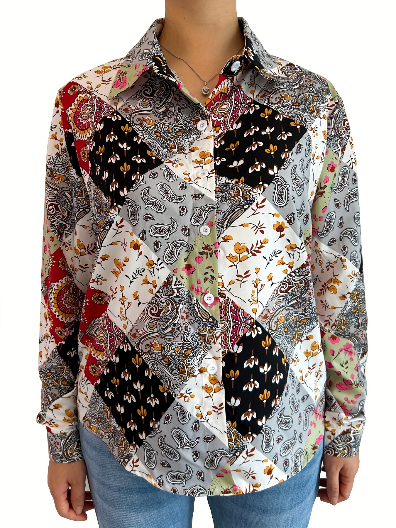 Boho Blouse Women's Plus Paisley Print Button Up Long Sleeve Blouse
