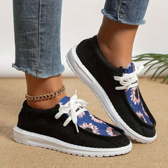 Print Round Toe Flat Lace Up Canvas Shoes