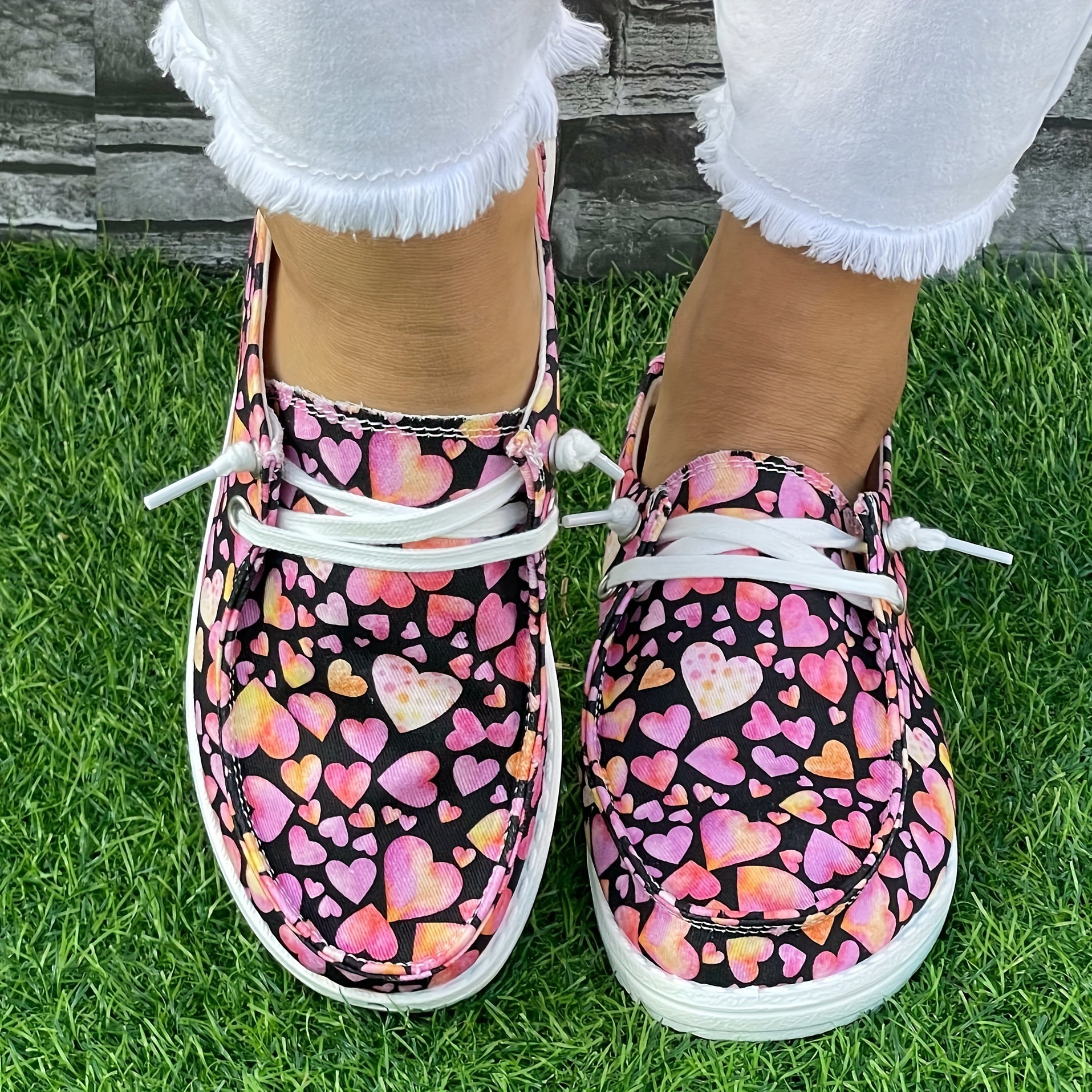 Pink Purple Love Heart Pattern Flat Shoes Women's Casual Lightweight