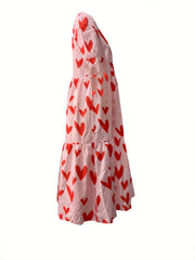 Heart Print Puff Sleeve Dress Crew Neck Casual Tiered Dress