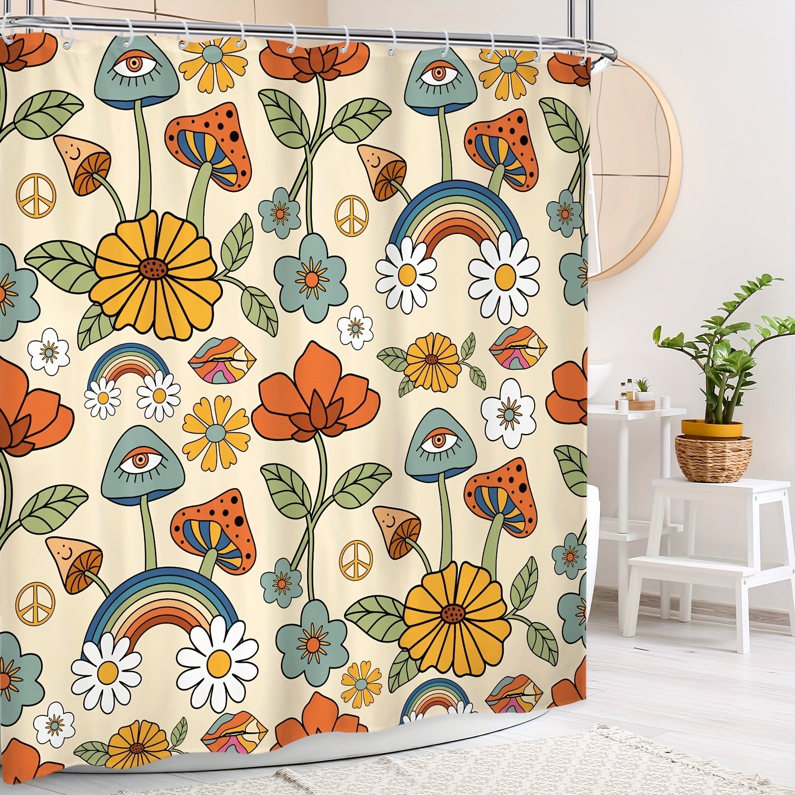 Boho Mushroom Shower Curtain Retro Flowers Bathroom Decor Yellow Orange Floral