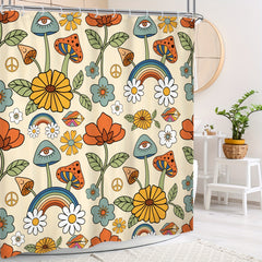 Boho Mushroom Shower Curtain Retro Flowers Bathroom Decor Yellow Orange Floral