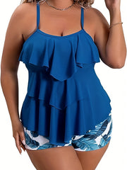 Vacay Tankini Set Ruffle Trim Cami Top & Tropical Shorts