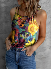 Sunflower Print Spaghetti Tank Top Hollow Summer Loose Crew Neck Tank Top