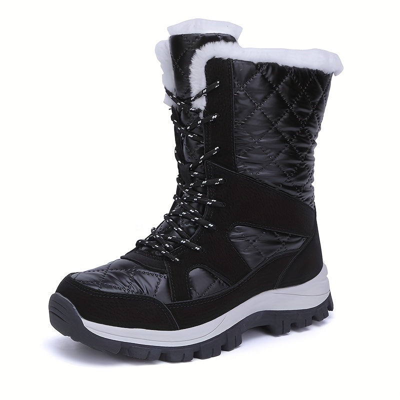 Quilted Argyle Pattern High Top Boots Faux Fur Lace Up Outdoor Sports Shoes