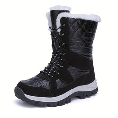 Quilted Argyle Pattern High Top Boots Faux Fur Lace Up Outdoor Sports Shoes