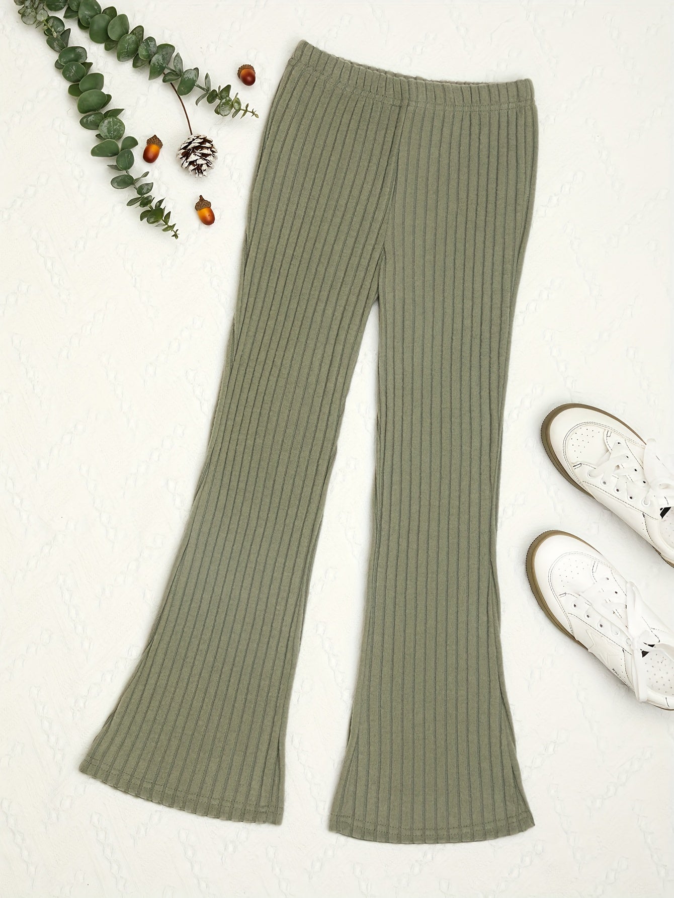 Girls Ribbed Flare Pants High Waist Loose Fit Solid