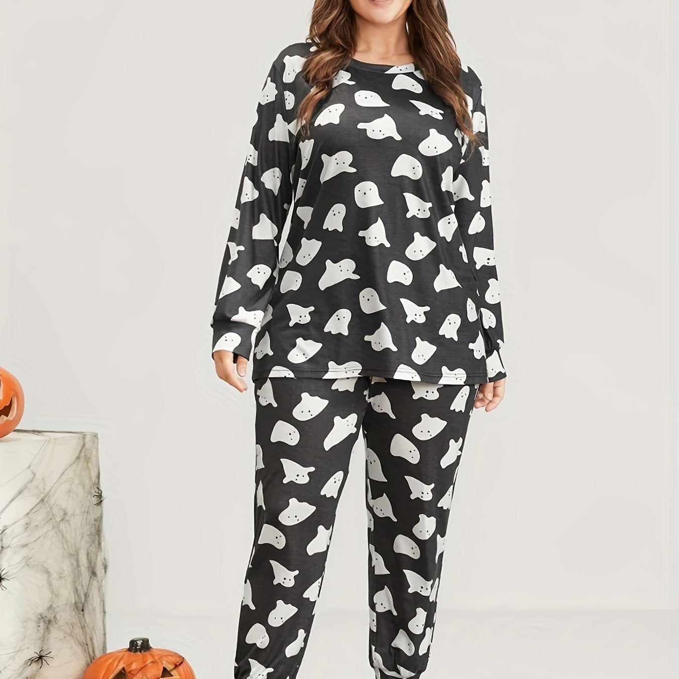 Women's Plus Ghost Print Lounge Set Long Sleeve Tee & Pants Two Piece