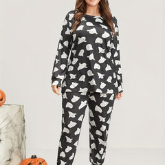 Women's Plus Ghost Print Lounge Set Long Sleeve Tee & Pants Two Piece