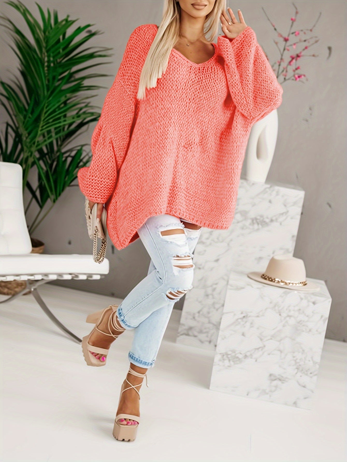 Casual Sweater Women's Plus Solid Long Sleeve V Neck Pullover