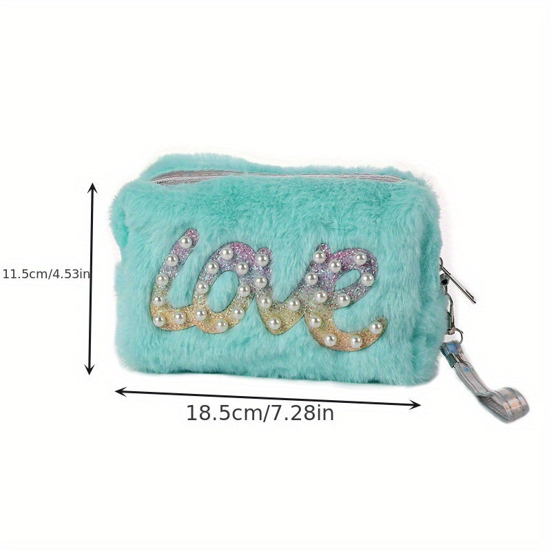 Cartoon Plush Bead Letter Patch Coin Purse Girls Cosmetic Storage Bag