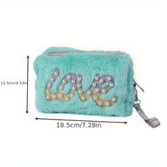 Cartoon Plush Bead Letter Patch Coin Purse Girls Cosmetic Storage Bag