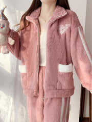 Heart Print Fuzzy Lounge Set Zipper Top & Pants
