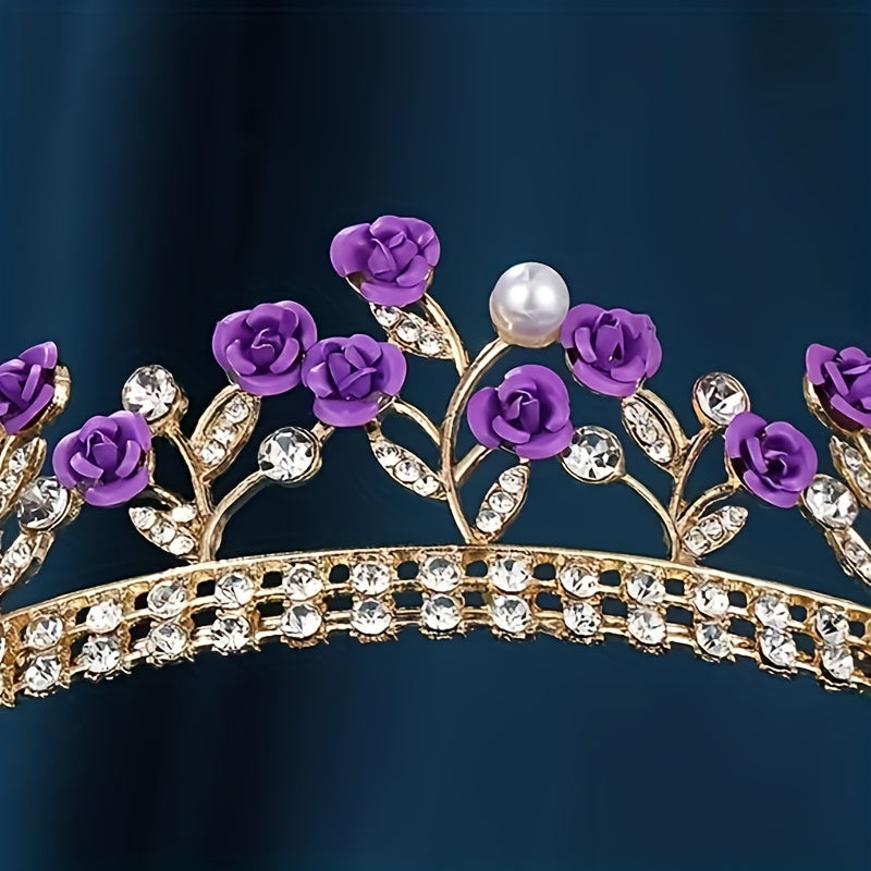 Purple Flower Headband Faux Pearl Princess Crown Head Jewelry