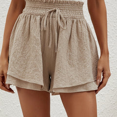 Shirred Waist Layered Shorts Solid Drawstring Shorts