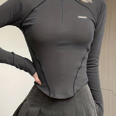 Solid Mock Neck Sports Long Sleeve Zipper Top