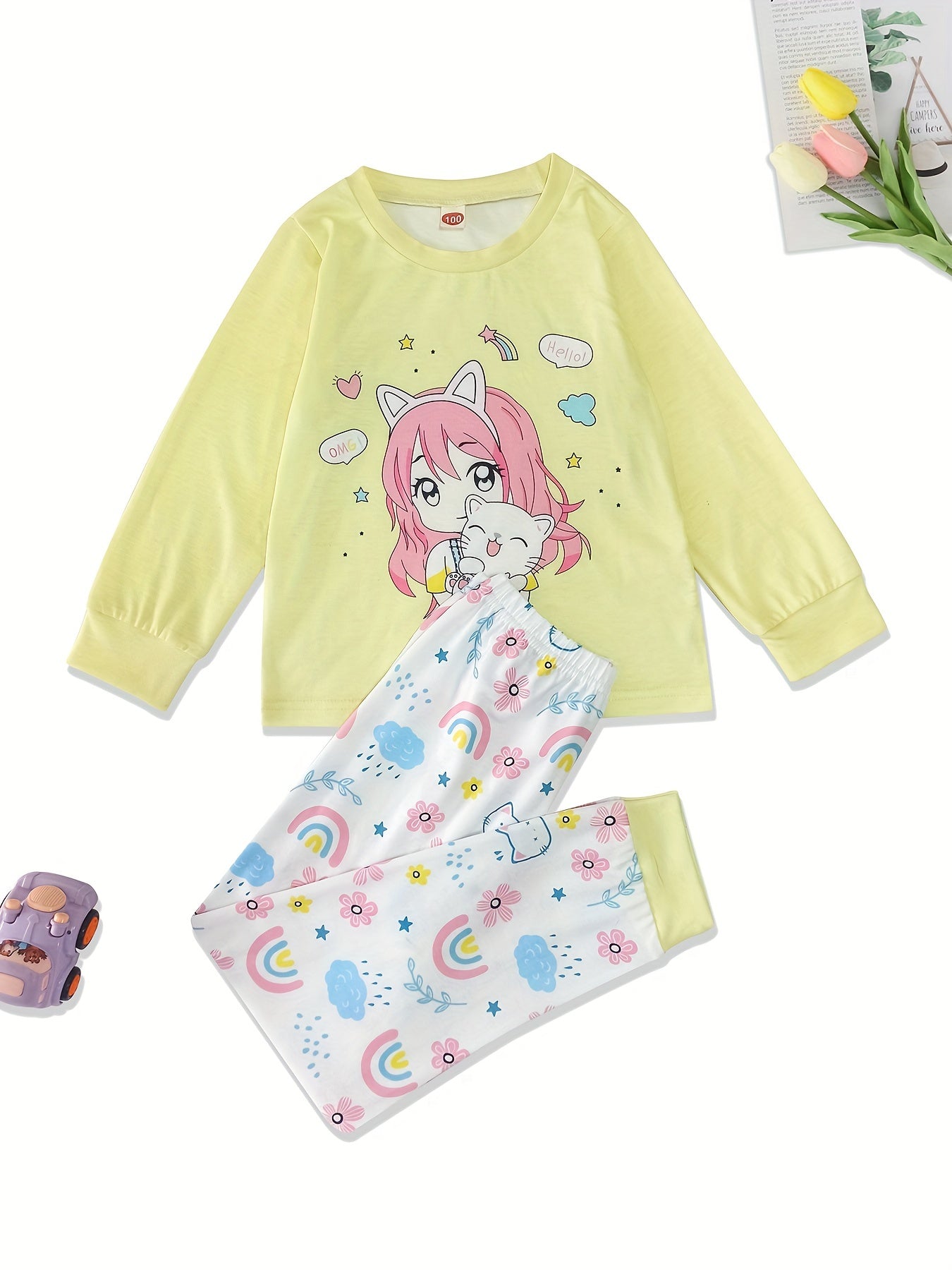 2pcs Toddler Girls Bunny Top & Floral Trousers Pajama Set