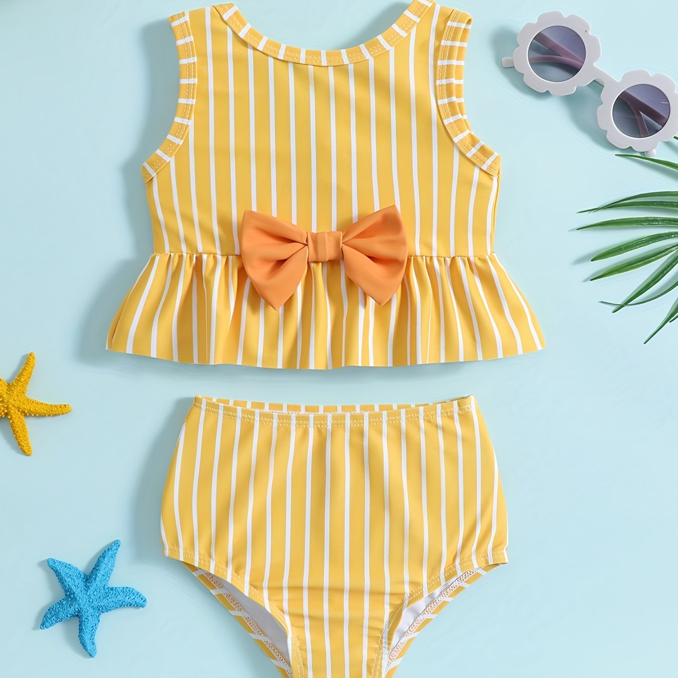 Girls Striped Sleeveless Bikini Tankini Swimsuit Set with Bowtie