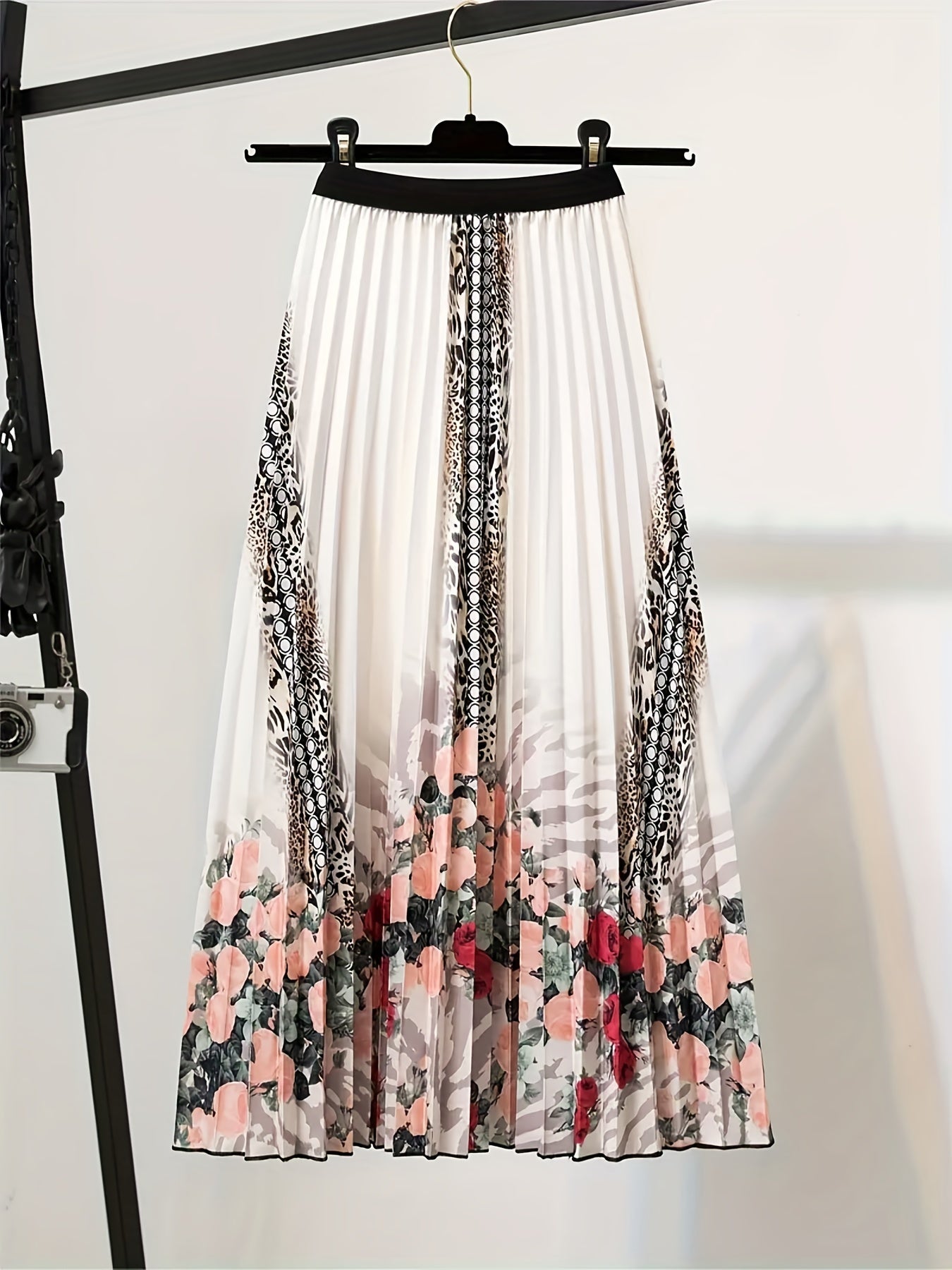 Floral & Leopard Print Elastic Waisted A line Skirt