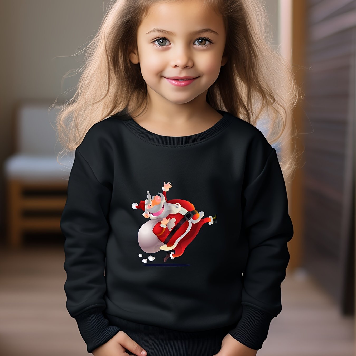 Christmas Santa Print Girls Pullover Sweatshirt Long Sleeve Crew Neck Tops