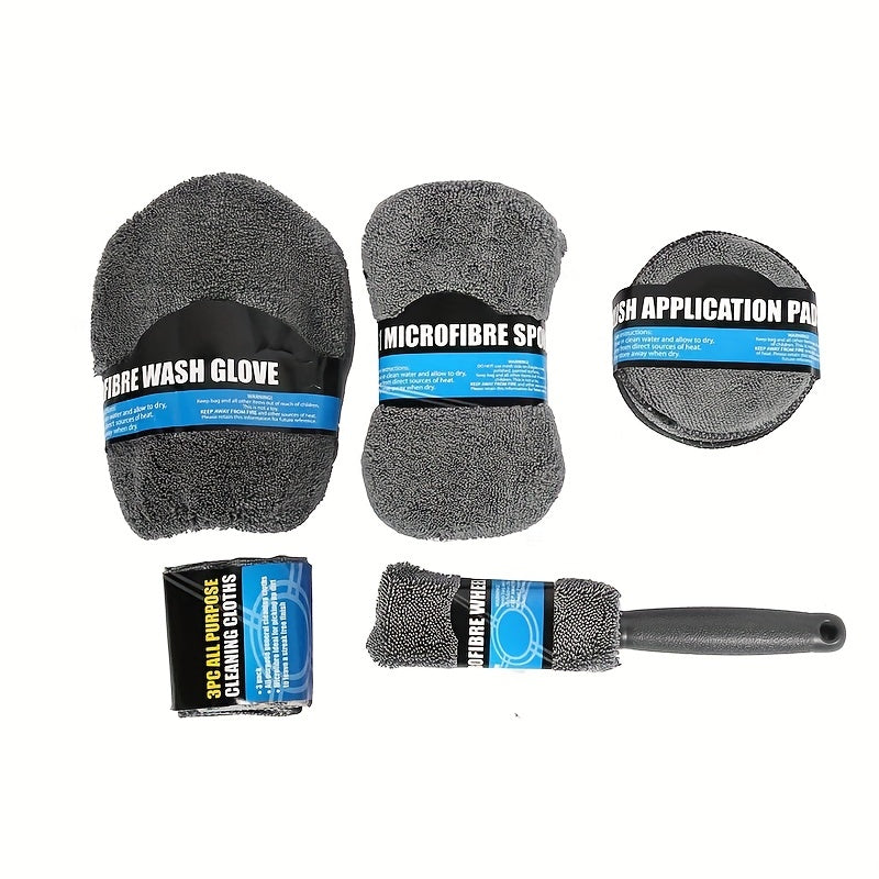 Car Wash Sponge Kit Microfiber Towel Detailing Gloves Waxing Brushes