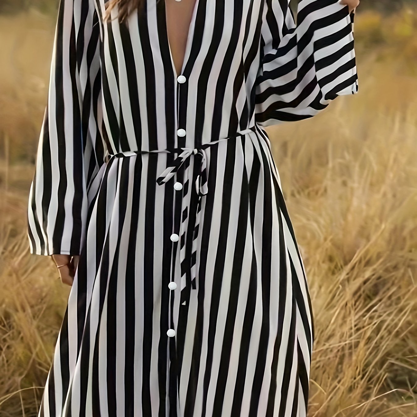 Stripe Print Long Sleeve V Neck Dress