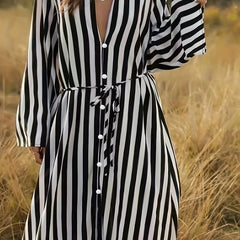 Stripe Print Long Sleeve V Neck Dress